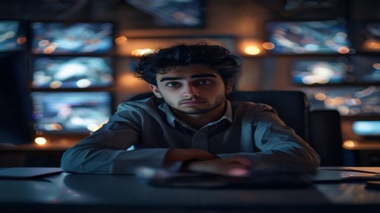 التركيز المُتبَدَّد في العمل الرقمي - شخص يعمل أمام شاشات متعددة في بيئة رقمية