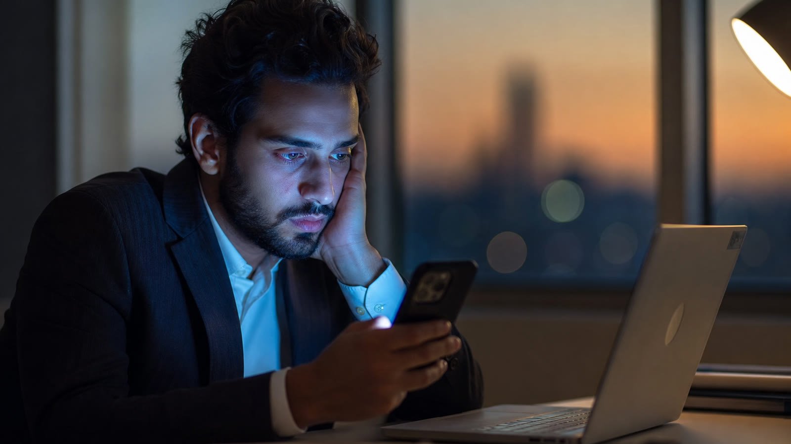 اقتصاد الانتباه الرقمي - شخص يتصفح الهاتف في مكتب مع إضاءة ذهبية