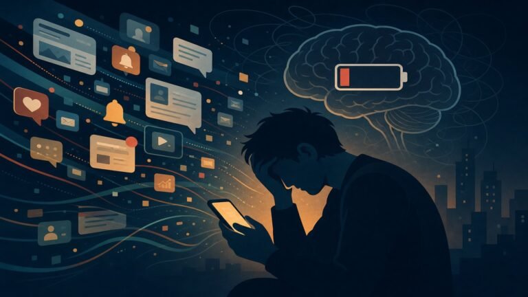 الإرهاق المعرفي الرقمي - رسم توضيحي لاستنزاف طاقة الدماغ