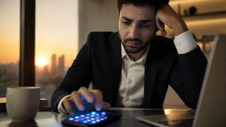 إرهاق الإشعارات الرقمية - شخص يمسك هاتفاً مزدحماً بالتنبيهات