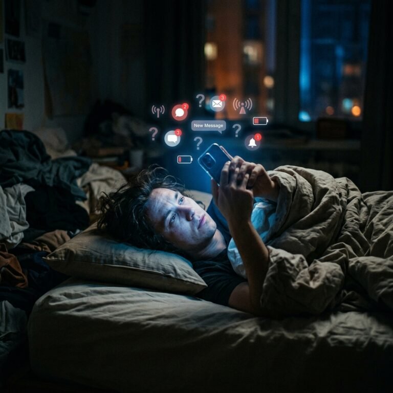 عبودية الإشعارات الرقمية - شخص ممدد على سريره في الظلام ووجهه مضاء بضوء الهاتف