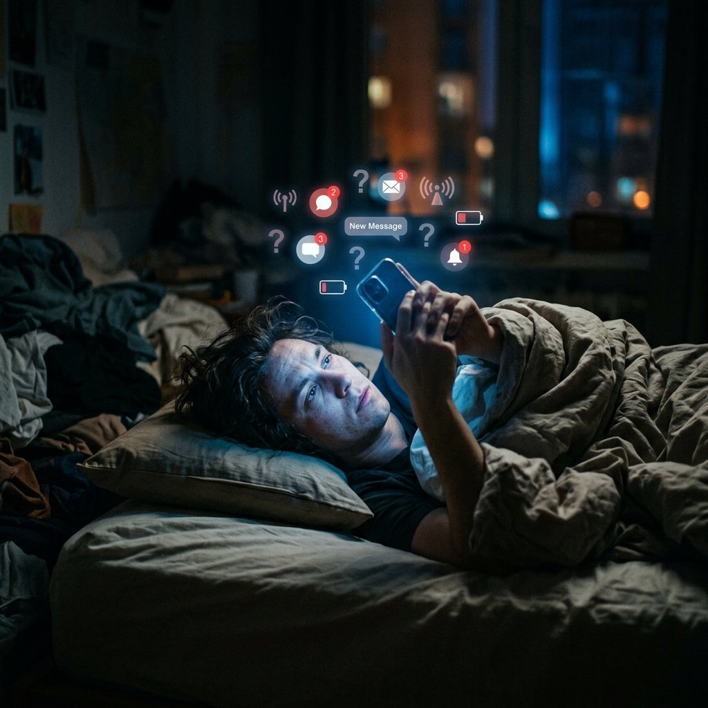 عبودية الإشعارات الرقمية - شخص ممدد على سريره في الظلام ووجهه مضاء بضوء الهاتف