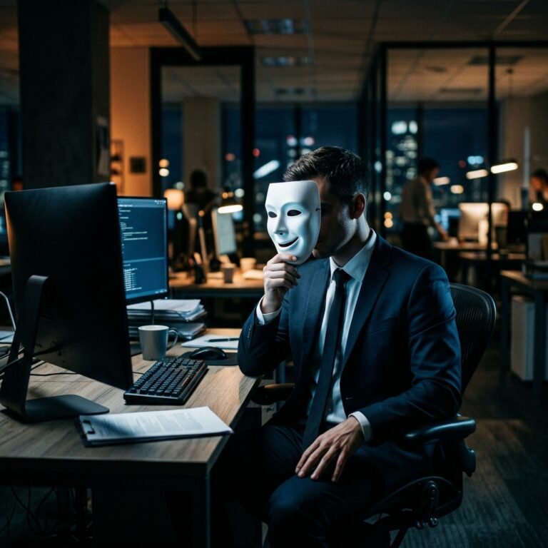 ظاهرة التكيف الزائف - موظف يرتدي قناعاً مبتسماً لإخفاء اغترابه النفسي
